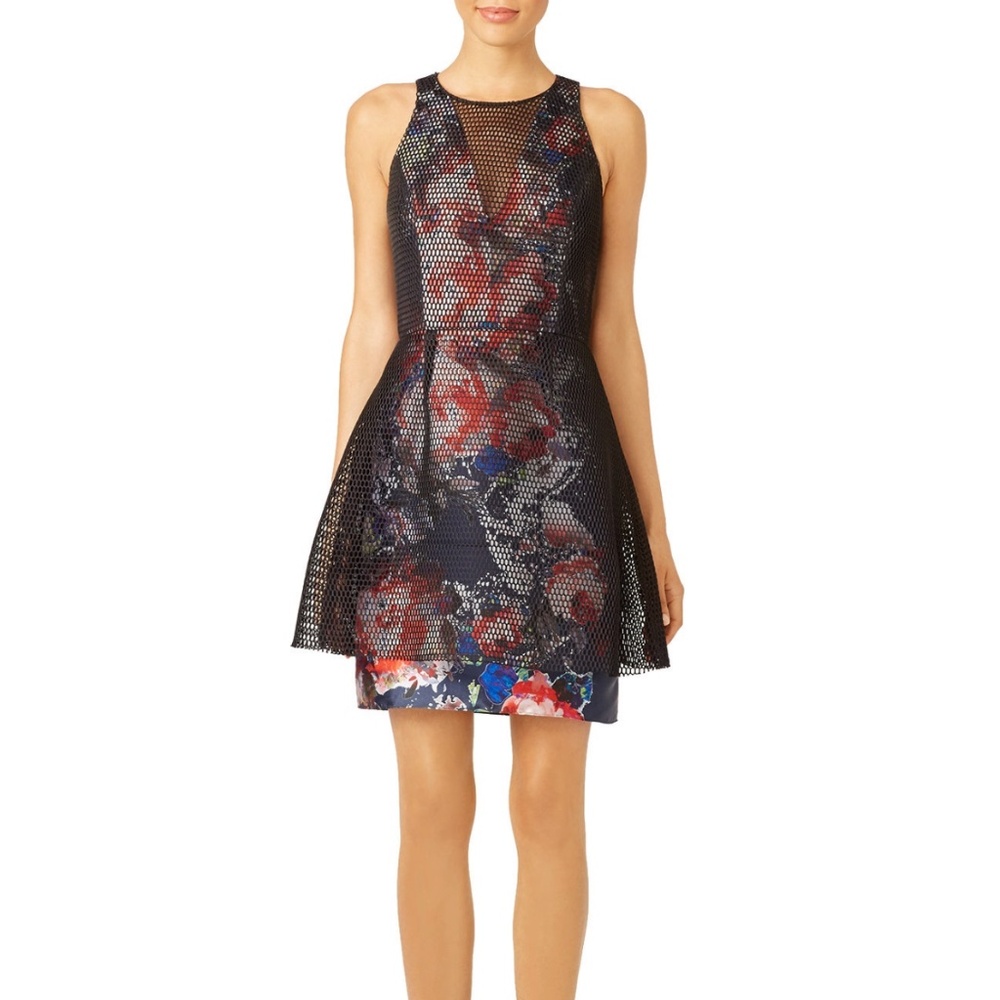 Sachin & Babi Party Dress Floral Print with Black Mesh Overlay - Size 8